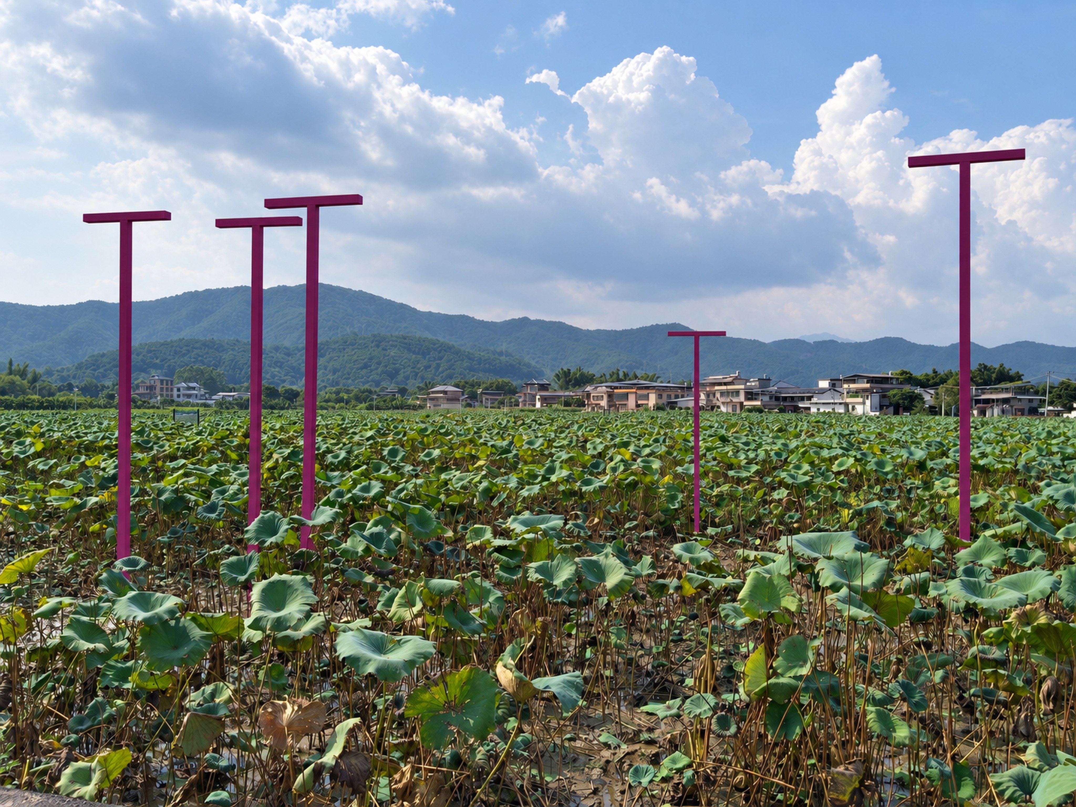 Pink T-poles in the Jiaoling lotus field under a humid mountain sky